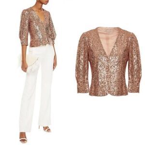 Maje Paillette Sequin V-Neck Tulle Blouse Rose Metallic